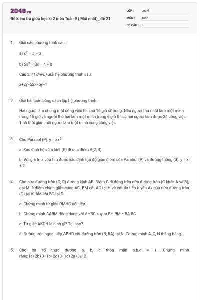 Đề kiểm tra giữa học kì 2 môn Toán 9 ( Mới nhất)_ đề 21