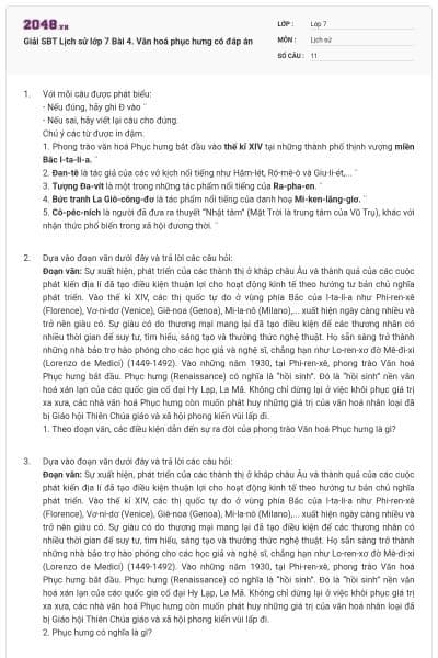 Giải SBT Lịch sử lớp 7 Bài 4. Văn hoá phục hưng có đáp án