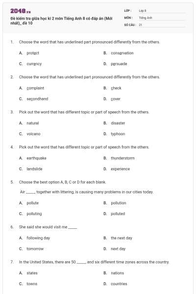 Đề kiểm tra giữa học kì 2 môn Tiếng Anh 8 có đáp án (Mới nhất)_ đề 10