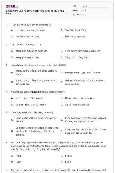 Đề kiểm tra Giữa học kỳ 2 Vật Lý 12 có đáp án ( Mới nhất) - Đề 2