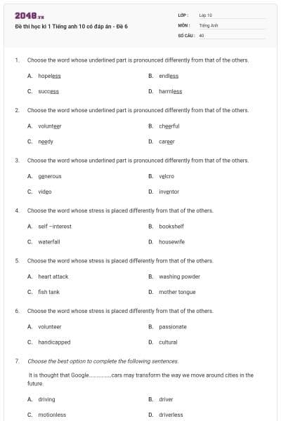 Đề thi học kì 1 Tiếng anh 10 có đáp án - Đề 6