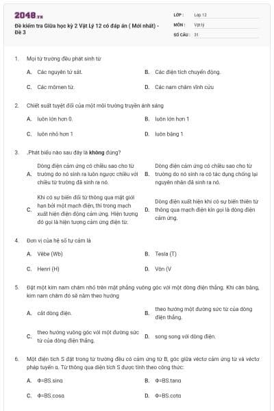 Đề kiểm tra Giữa học kỳ 2 Vật Lý 12 có đáp án ( Mới nhất) - Đề 3