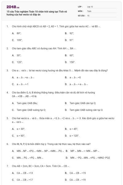 15 câu Trắc nghiệm Toán 10 chân trời sáng tạo Tích vô hướng của hai vectơ có đáp án