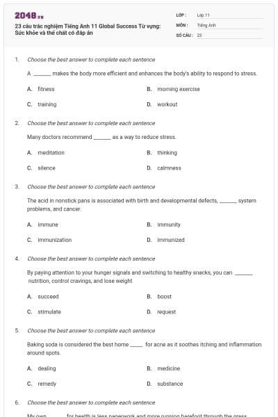 23 câu trắc nghiệm Tiếng Anh 11 Global Success Từ vựng: Sức khỏe và thể chất có đáp án