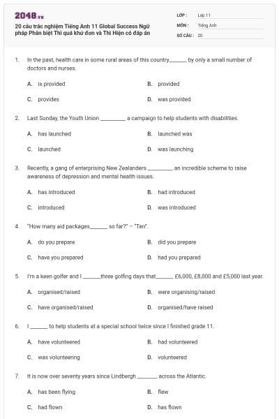 20 câu trắc nghiệm Tiếng Anh 11 Global Success Ngữ pháp Phân biệt Thì quá khứ đơn và Thì Hiện có đáp án