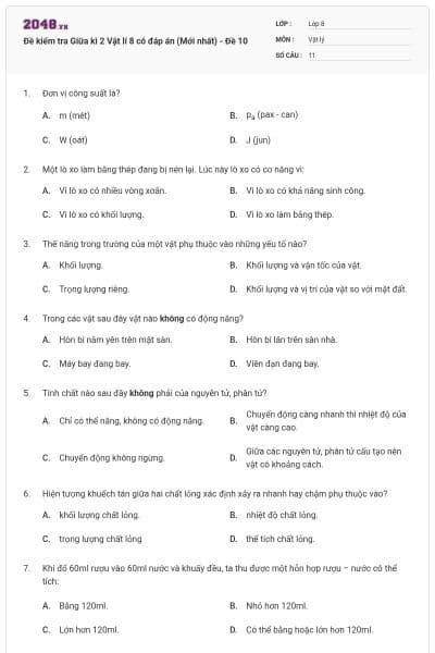 Đề kiểm tra Giữa kì 2 Vật lí 8 có đáp án (Mới nhất) - Đề 10