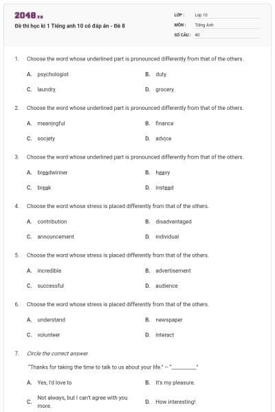 Đề thi học kì 1 Tiếng anh 10 có đáp án - Đề 8