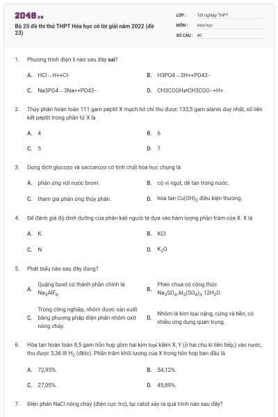 Bộ 25 đề thi thử THPT Hóa học có lời giải năm 2022 (đề 23)