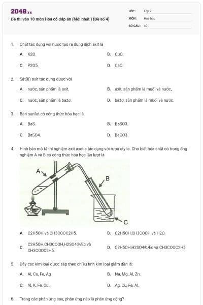 Đề thi vào 10 môn Hóa có đáp án (Mới nhất ) (Đề số 4)