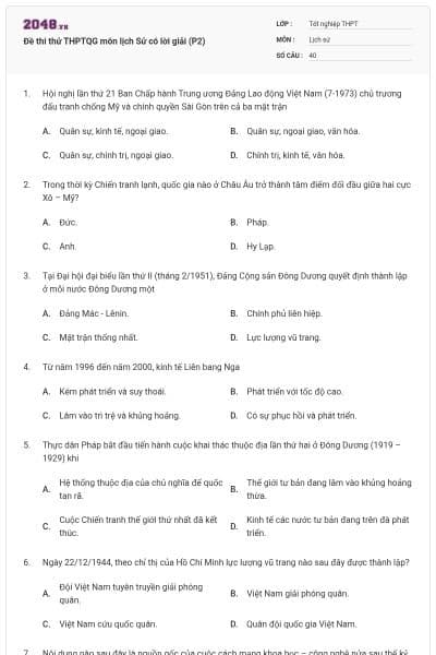 Đề thi thử THPTQG môn lịch Sử có lời giải (P2)