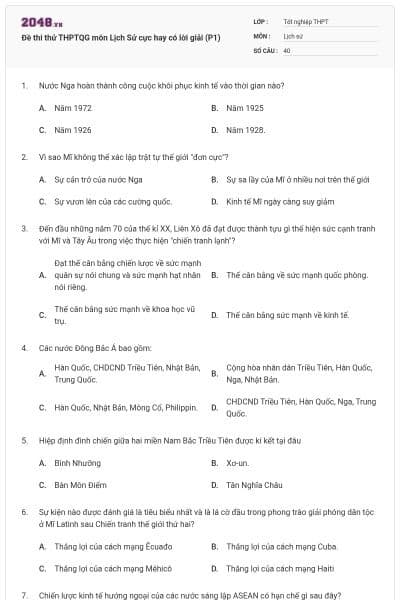 Đề thi thử THPTQG môn Lịch Sử cực hay có lời giải (P1)