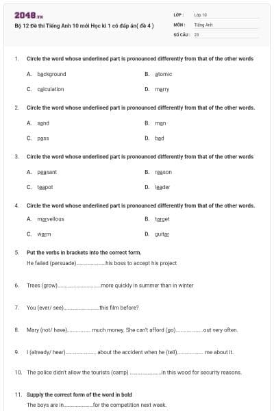 Bộ 12 Đề thi Tiếng Anh 10 mới Học kì 1 có đáp án( đề 4 )