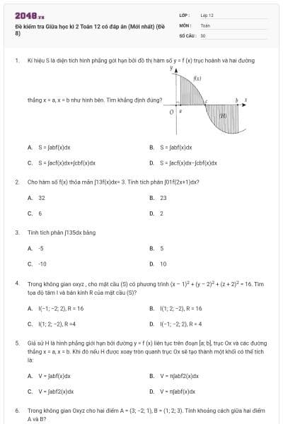 Đề kiểm tra Giữa học kì 2 Toán 12 có đáp án (Mới nhất) (Đề 8)