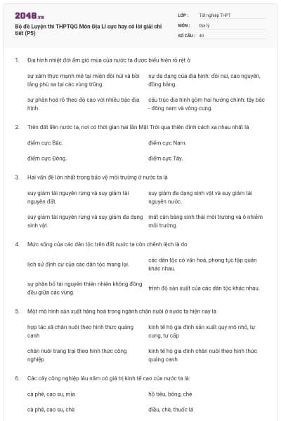 Bộ đề Luyện thi THPTQG Môn Địa Lí cực hay có lời giải chi tiết (P5)
