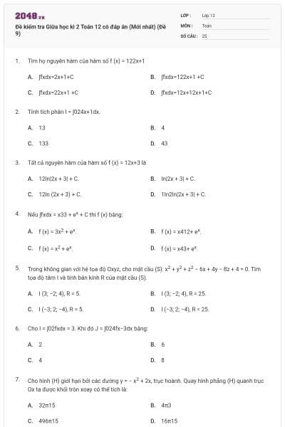 Đề kiểm tra Giữa học kì 2 Toán 12 có đáp án (Mới nhất) (Đề 9)