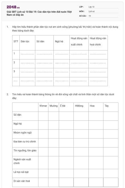 Giải SBT Lịch sử 10 Bài 19: Các dân tộc trên đất nước Việt Nam có đáp án