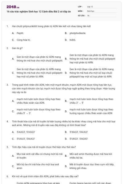 16 câu trắc nghiệm Sinh học 12 Cánh diều Bài 2 có đáp án