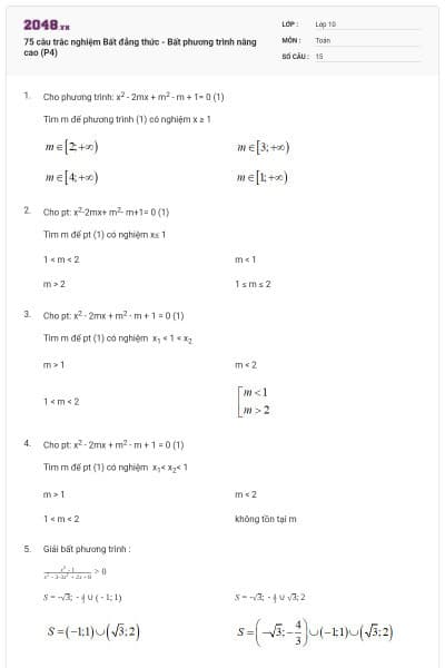 75 câu trắc nghiệm Bất đẳng thức - Bất phương trình nâng cao (P4)