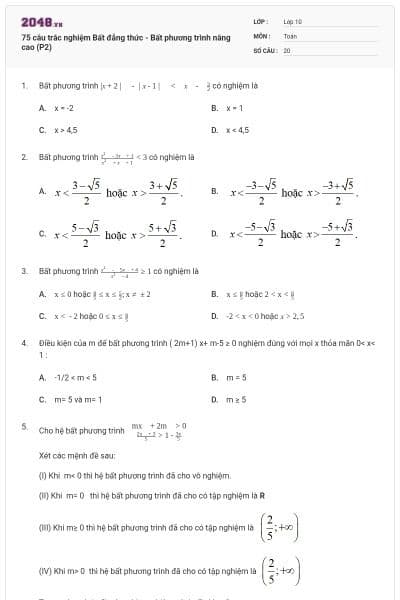 75 câu trắc nghiệm Bất đẳng thức - Bất phương trình nâng cao (P2)