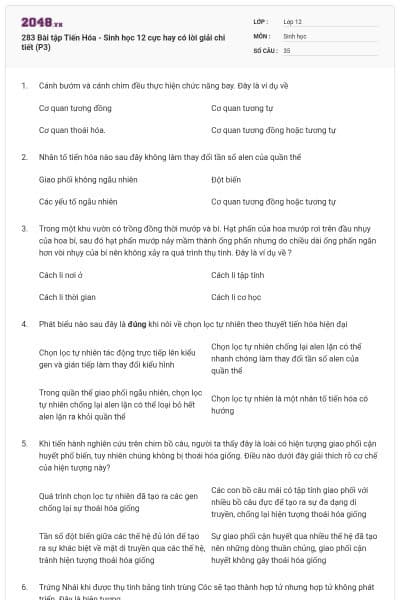 283 Bài tập Tiến Hóa - Sinh học 12 cực hay có lời giải chi tiết (P3)