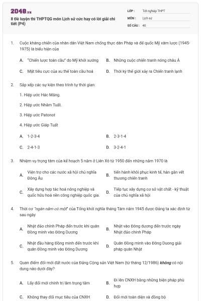 8 Đề luyện thi THPTQG môn Lịch sử cức hay có lời giải chi tiết (P4)