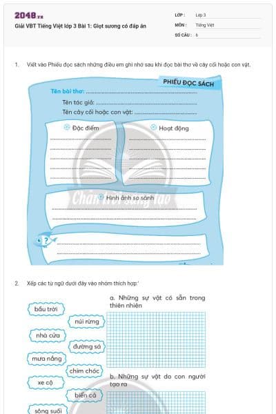 Giải VBT Tiếng Việt lớp 3 Bài 1: Giọt sương có đáp án