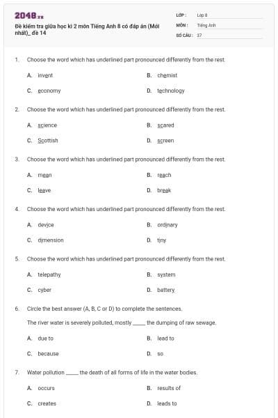 Đề kiểm tra giữa học kì 2 môn Tiếng Anh 8 có đáp án (Mới nhất)_ đề 14