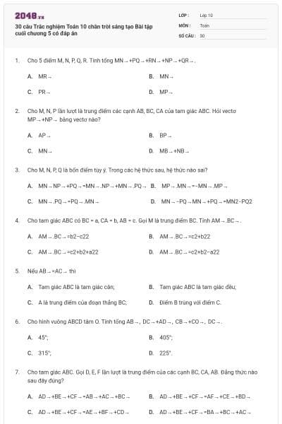 30 câu Trắc nghiệm Toán 10 chân trời sáng tạo Bài tập cuối chương 5 có đáp án