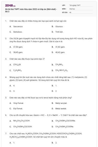Đề thi thử THPT môn Hóa năm 2022 có đáp án (Mới nhất) - Đề 3