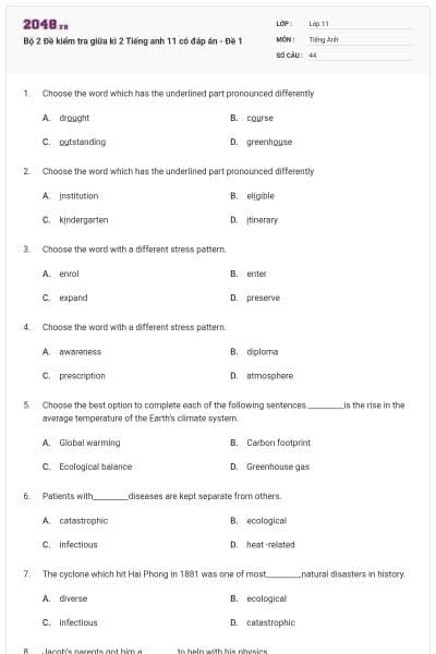 Bộ 2 Đề kiểm tra giữa kì 2 Tiếng anh 11 có đáp án - Đề 1