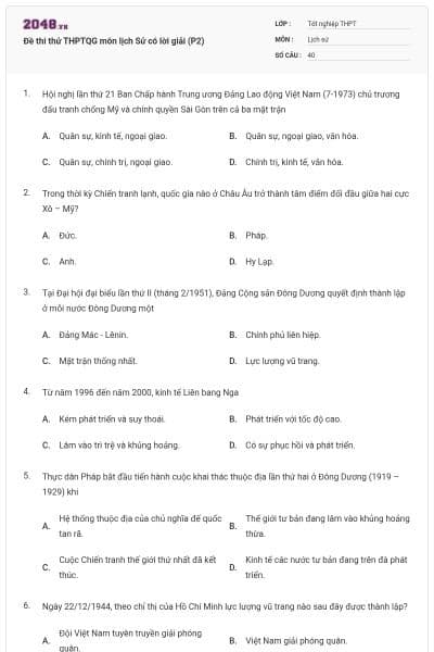Đề thi thử THPTQG môn lịch Sử có lời giải (P2)