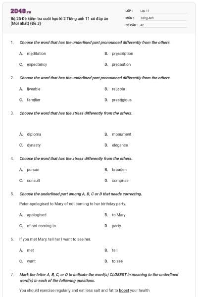 Bộ 25 Đề kiểm tra cuối học kì 2 Tiếng anh 11 có đáp án (Mới nhất) (Đề 3)