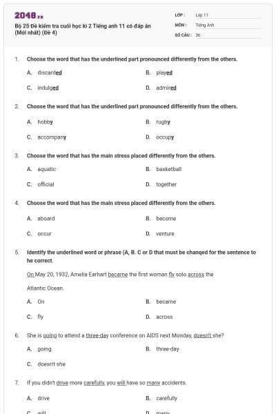 Bộ 25 Đề kiểm tra cuối học kì 2 Tiếng anh 11 có đáp án (Mới nhất) (Đề 4)