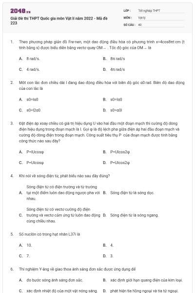 Giải Đề thi THPT Quốc gia môn Vật lí năm 2022 - Mã đề 223