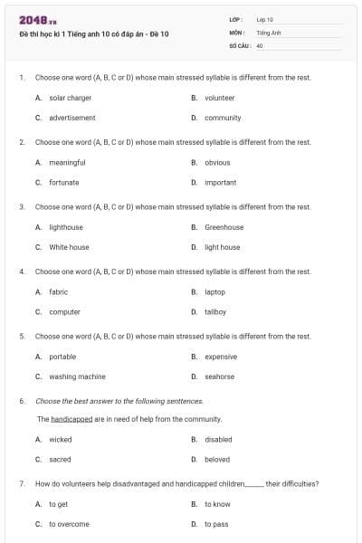 Đề thi học kì 1 Tiếng anh 10 có đáp án - Đề 10