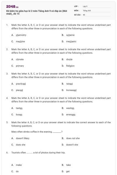 Đề kiểm tra giữa học kì 2 môn Tiếng Anh 9 có đáp án (Mới nhất)_ đề 15