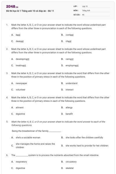 Đề thi học kì 1 Tiếng anh 10 có đáp án - Đề 11