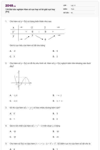 134 Bài trắc nghiệm Hàm số cực hay có lời giải cực hay (P4)