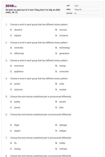 Đề kiểm tra giữa học kì 2 môn Tiếng Anh 9 có đáp án (Mới nhất)_ đề 16