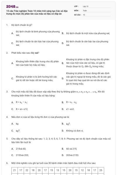 15 câu Trắc nghiệm Toán 10 chân trời sáng tạo Các số đặc trưng đo mức độ phân tán của mẫu số liệu có đáp án