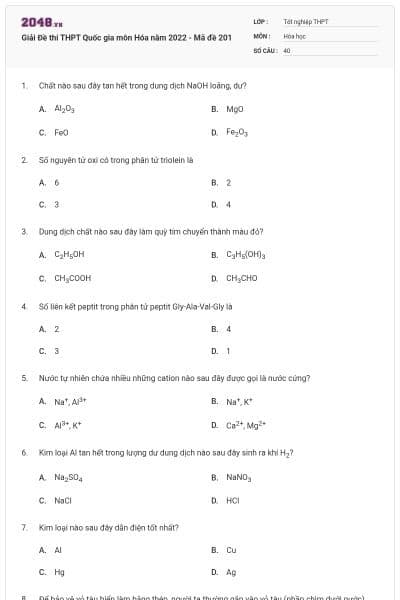 Giải Đề thi THPT Quốc gia môn Hóa năm 2022 - Mã đề 201