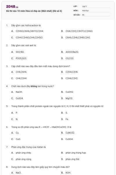 Đề thi vào 10 môn Hóa có đáp án (Mới nhất) (Đề số 6)