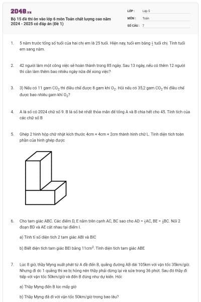 Bộ 15 đề thi ôn vào lớp 6 môn Toán chất lượng cao năm 2024 - 2025 có đáp án (Đề 1)