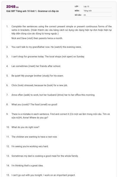 Giải SBT Tiếng anh 10 Unit 1. Grammar có đáp án