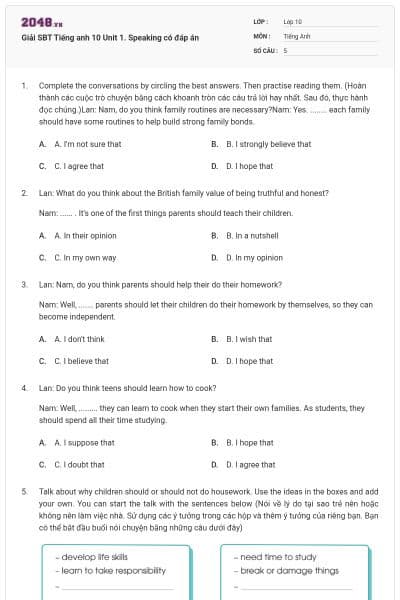 Giải SBT Tiếng anh 10 Unit 1. Speaking có đáp án