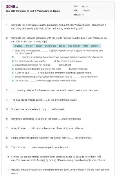 Giải SBT Tiếng anh 10 Unit 2. Vocabulary có đáp án