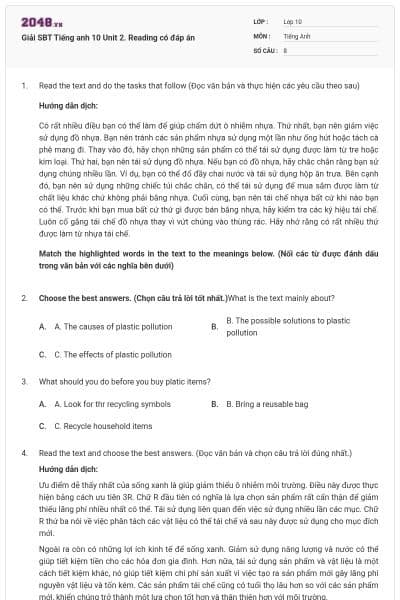 Giải SBT Tiếng anh 10 Unit 2. Reading có đáp án