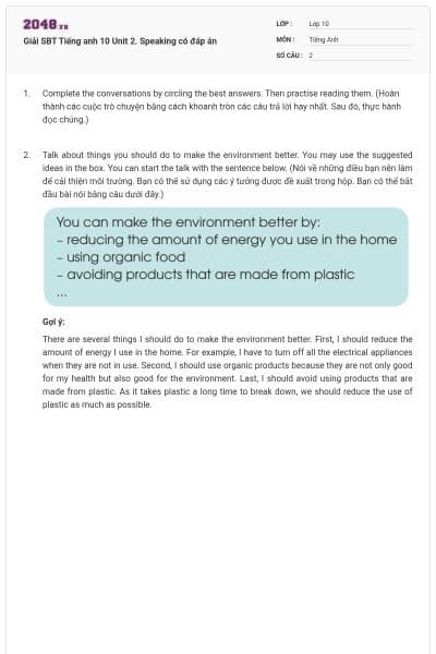 Giải SBT Tiếng anh 10 Unit 2. Speaking có đáp án