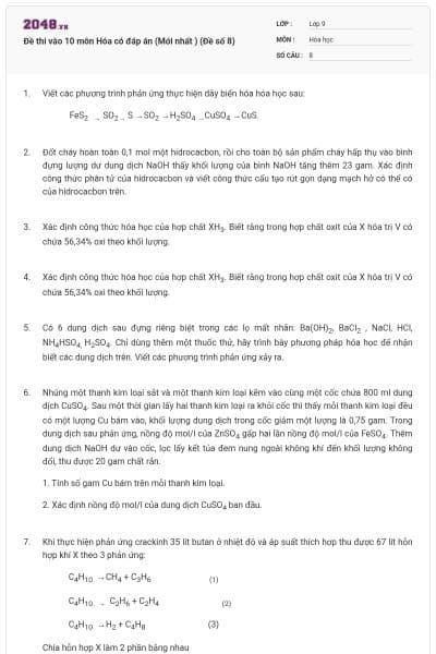 Đề thi vào 10 môn Hóa có đáp án (Mới nhất ) (Đề số 8)