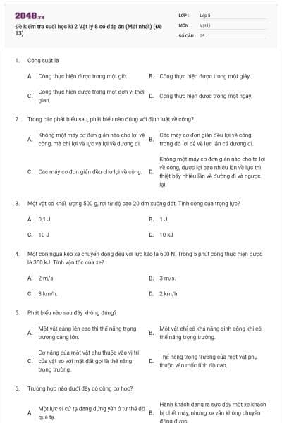 Đề kiểm tra cuối học kì 2 Vật lý 8 có đáp án (Mới nhất) (Đề 13)